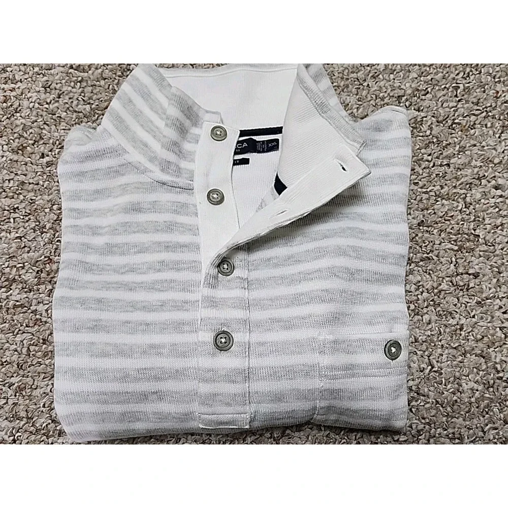 Nautica Sweater Large White Gray Striped Pocket Henley Mock Neck XXL Slim‎ Fit